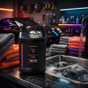 Trinity Global Towel Soap bottle on a car wash counter with towels and a car in the background