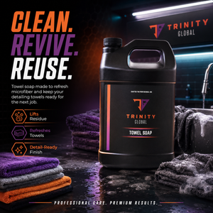 Trinity Global towel soap container with towels and detailing tools on a dark background