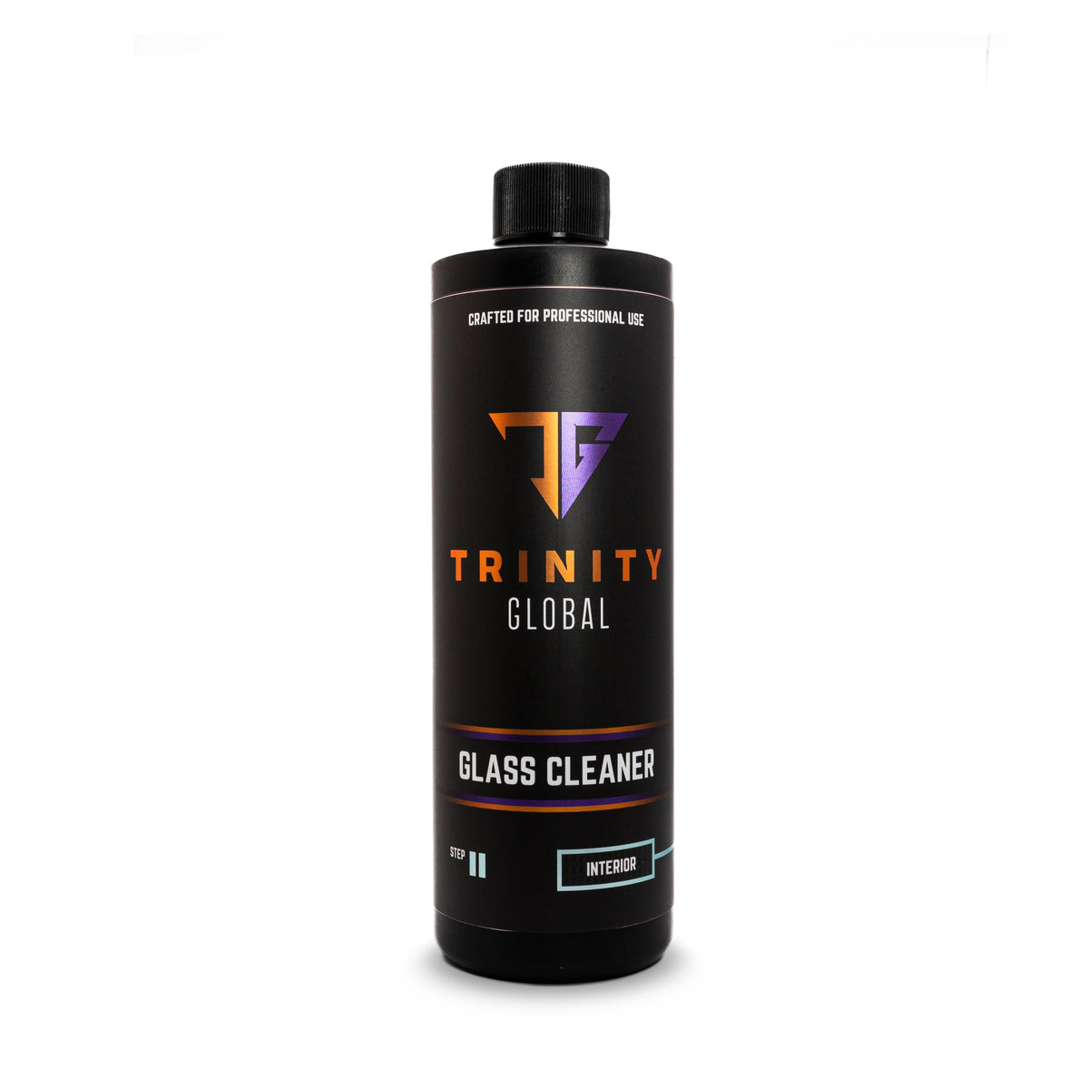 A black spray bottle labeled 'Trinity Global Glass Cleaner' with orange and white text indicating the product is for professional use and designed for glass.