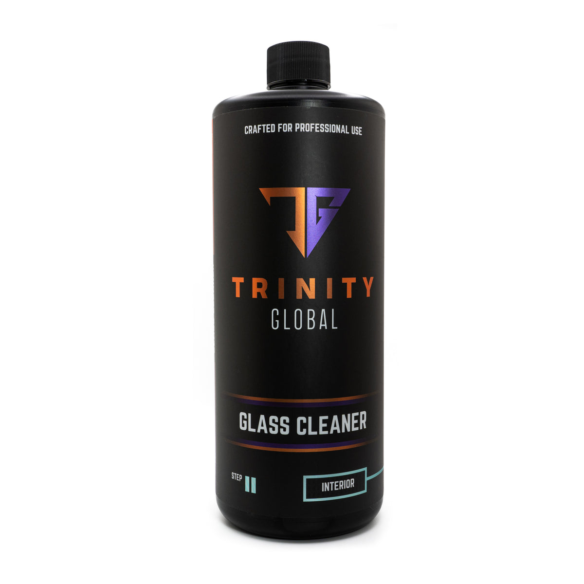 A black spray bottle labeled 'Trinity Global Glass Cleaner' with orange and white text indicating the product is for professional use and designed for glass.