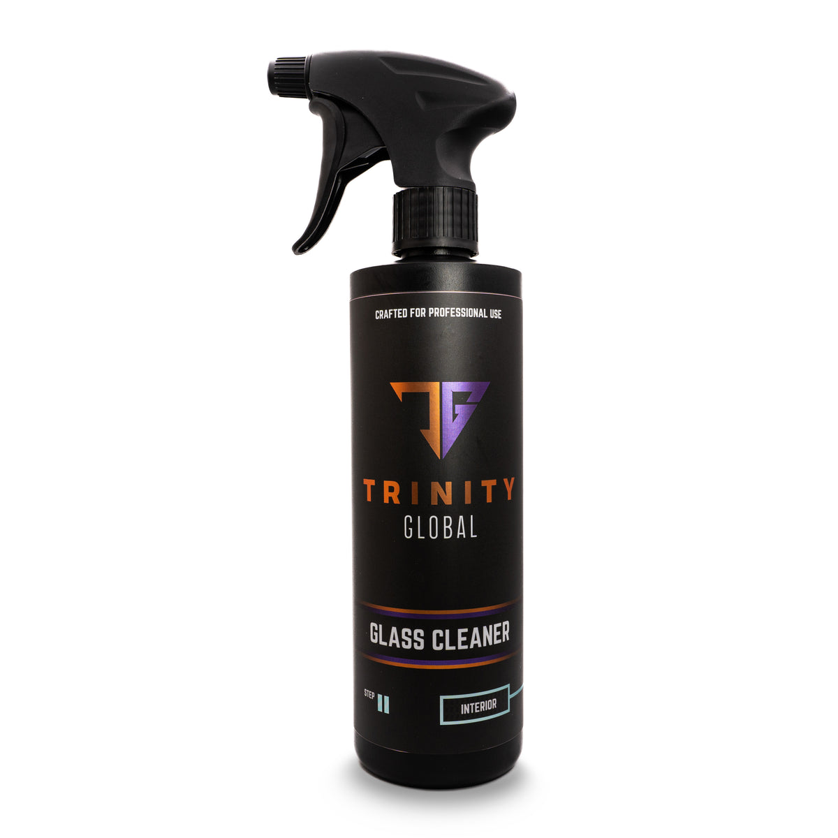 A black spray bottle labeled 'Trinity Global Glass Cleaner' with orange and white text indicating the product is for professional use and designed for glass.
