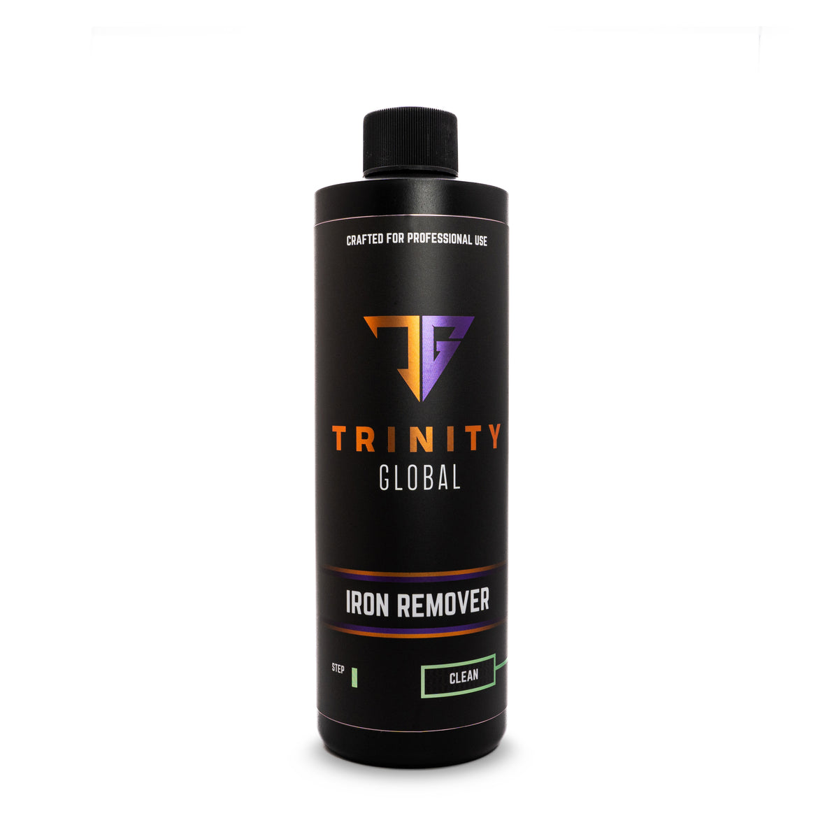 A black spray bottle labeled 'Trinity Global Iron Remover' with orange and purple text indicating the product is for professional use and made in the USA.