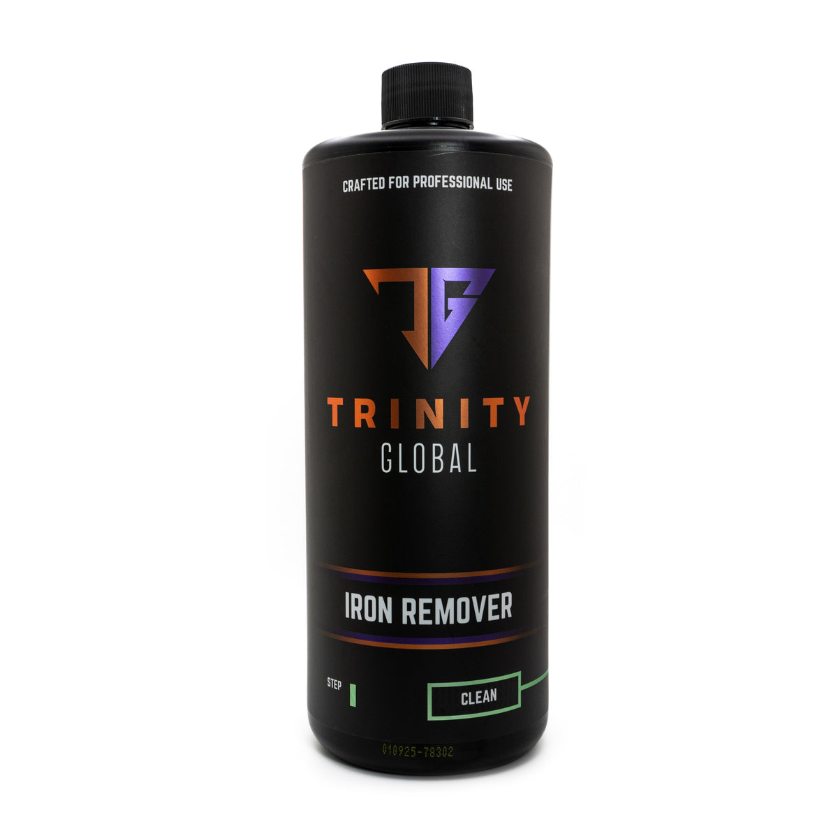 A black spray bottle labeled 'Trinity Global Iron Remover' with orange and purple text indicating the product is for professional use and made in the USA.