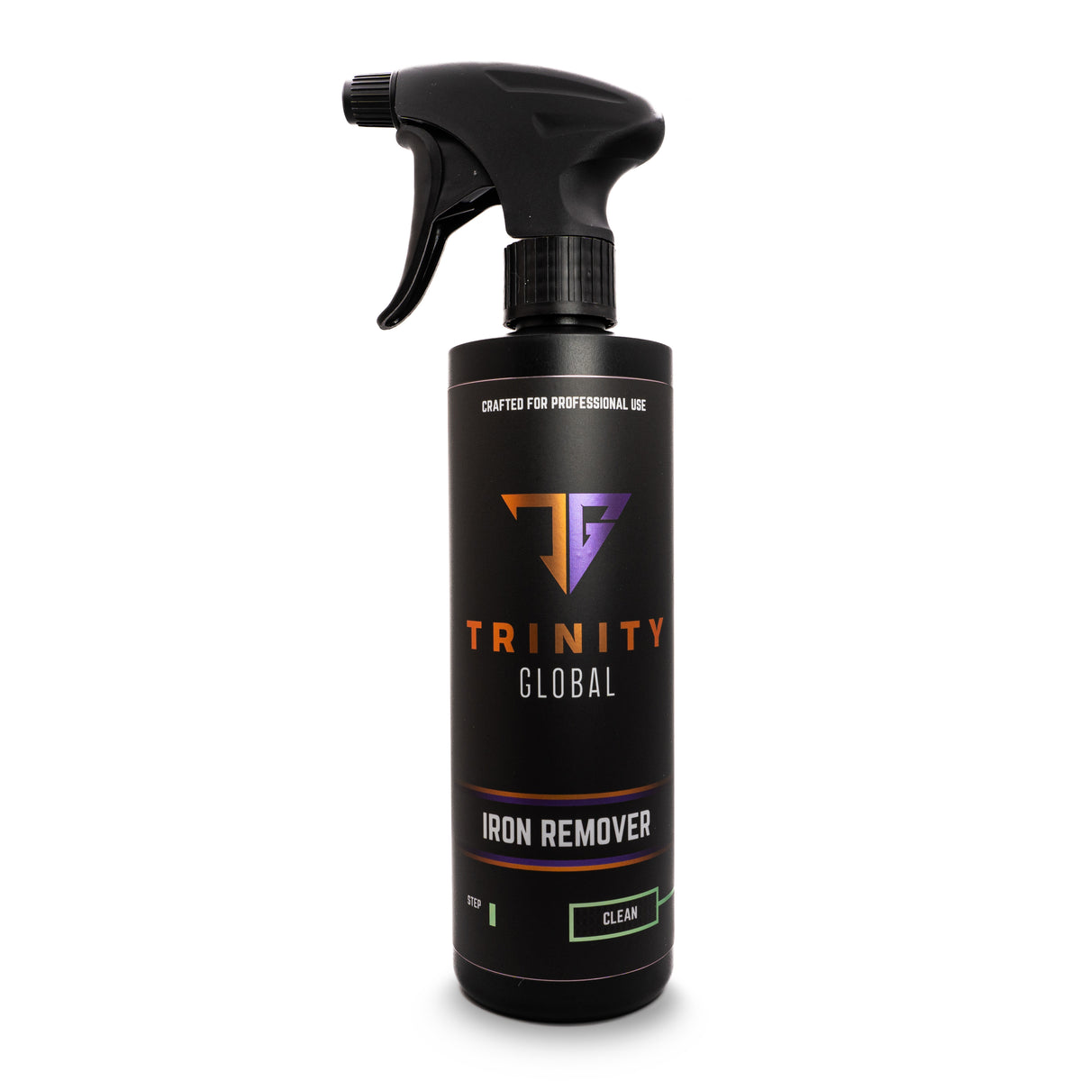 A black spray bottle labeled 'Trinity Global Iron Remover' with orange and purple text indicating the product is for professional use and made in the USA.