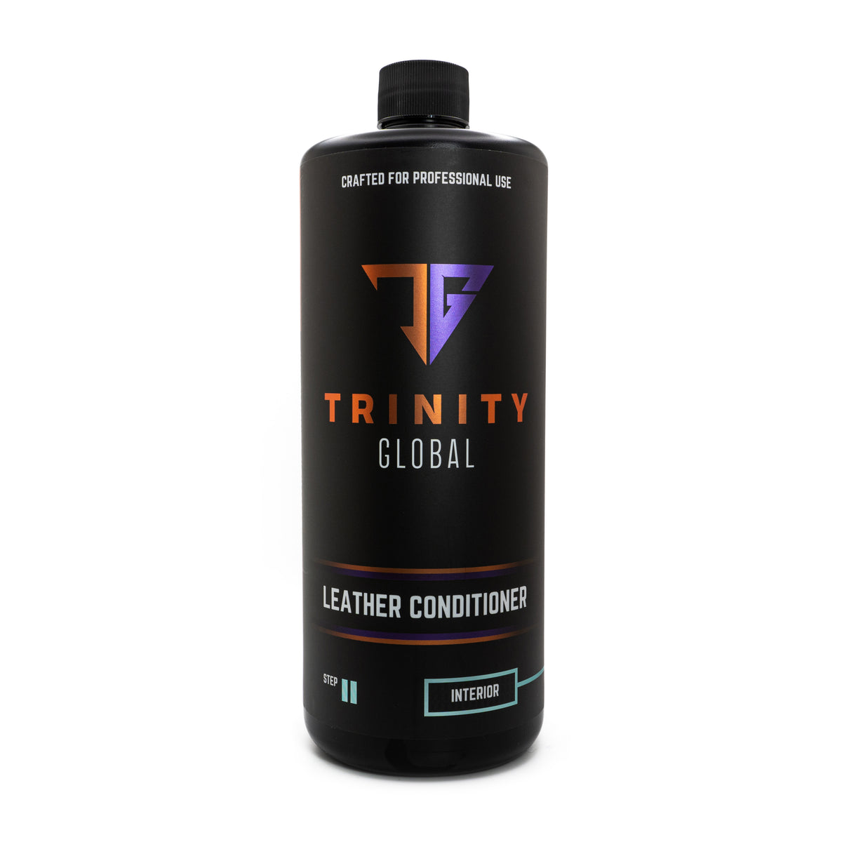 A black spray bottle labeled 'Trinity Global Leather Conditions' with orange and white text indicating the product is for professional use and designed for leather conditions.